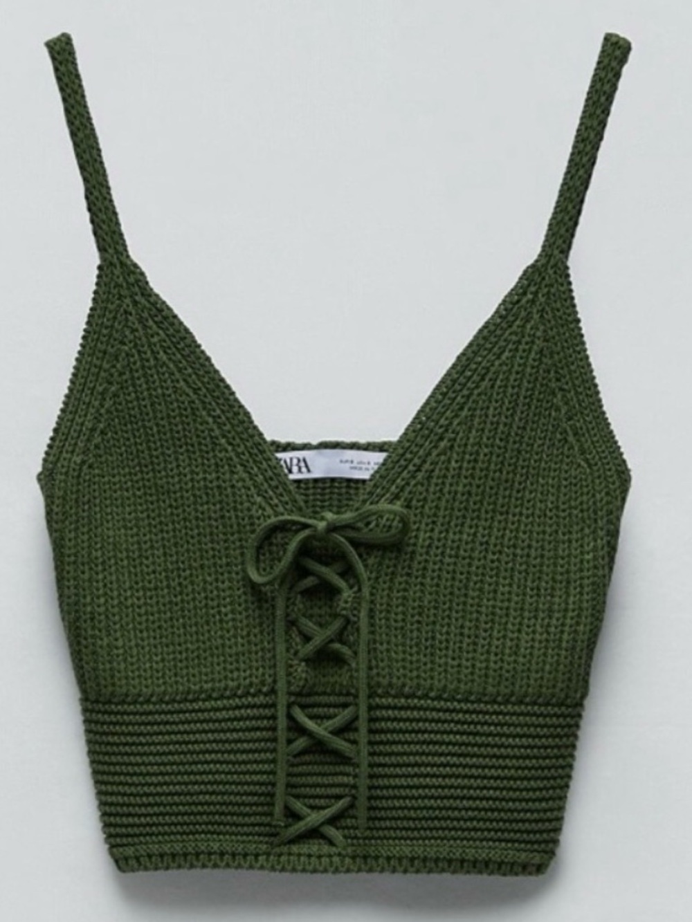 Zara Olive Green 100% Cotton Knit Lace-Up Bustier Crop Top S NWT